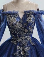 Navy blue scoop lace applique beaded tulle prom dress ball gown long sleeve princess evening party gown