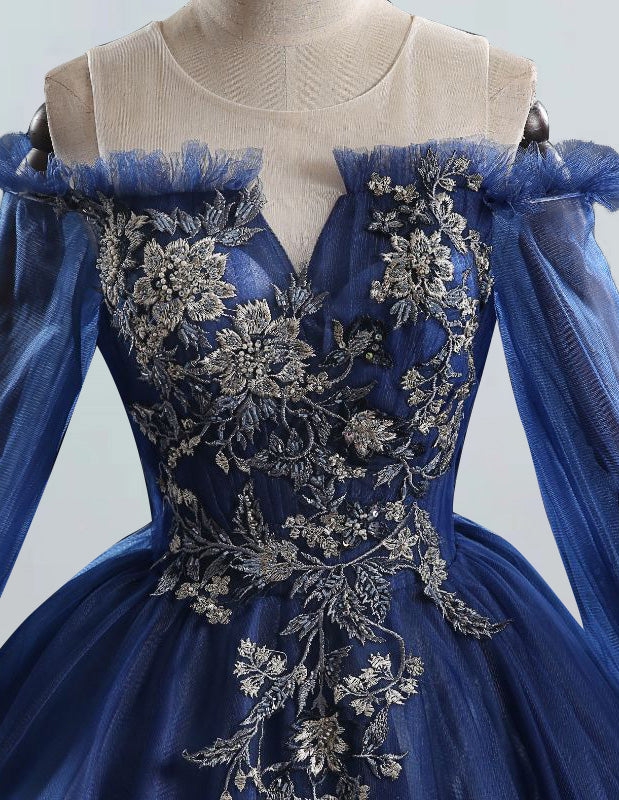 Navy blue scoop lace applique beaded tulle prom dress ball gown long sleeve princess evening party gown