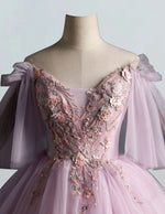 Pink v neck lace applique layer tulle ball gown prom dress short sleeve long tulle evening party gown