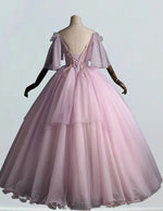 Pink v neck lace applique layer tulle ball gown prom dress short sleeve long tulle evening party gown