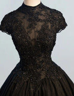 Black high collar beading lace applique wedding ball gown bridal prom dress