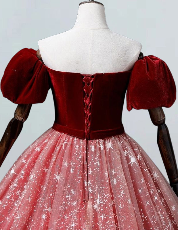 Girls' Burgundy Velvet Off-Shoulder Ball Gown | Sparkle Tulle Prom Dress