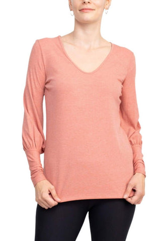 Ellen Tracy V - Neck Blouson Long Sleeve Solid Knit Jersey Top - Glamourous Grace