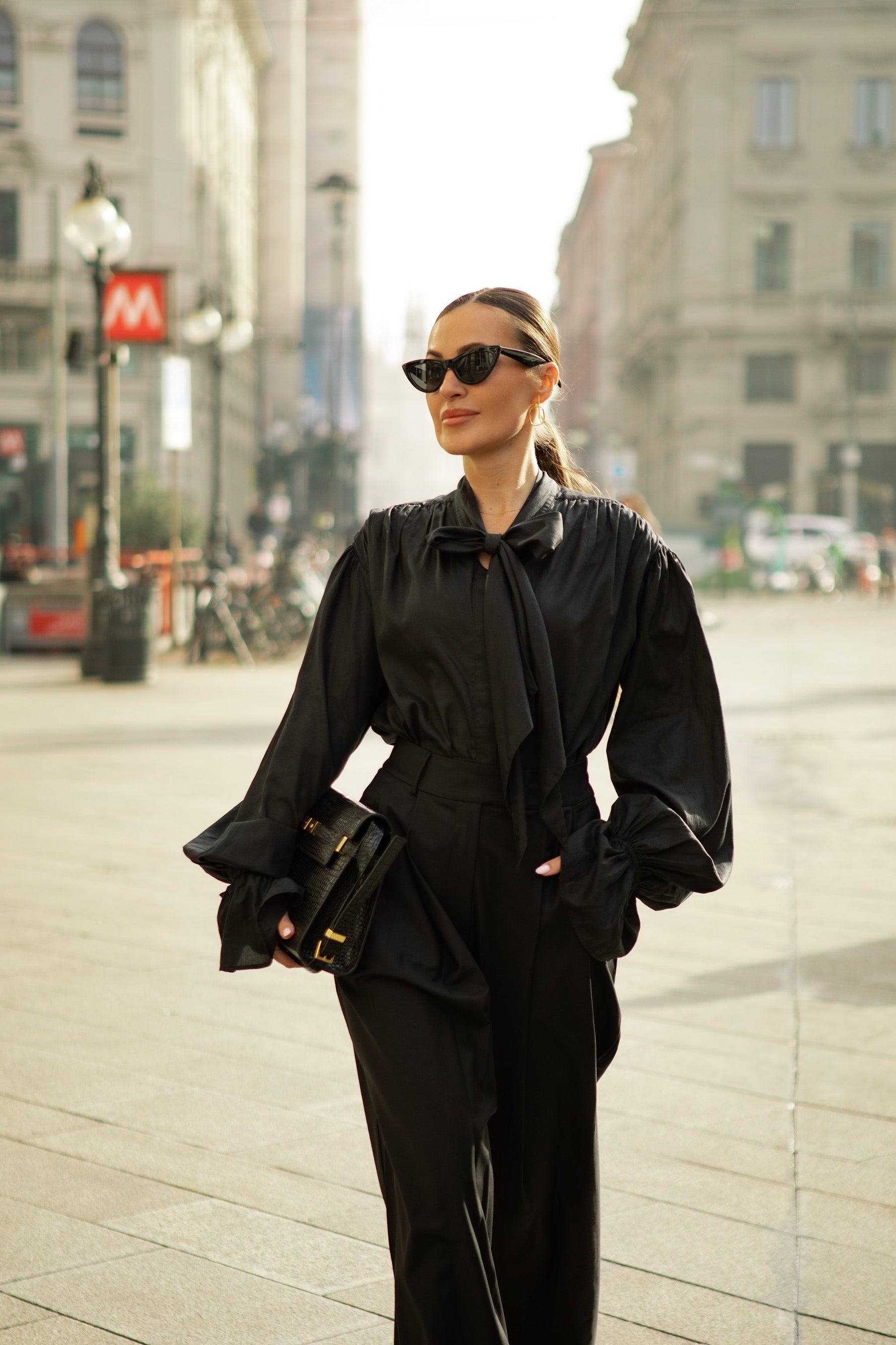 Protagonista Tencel Bow-Tie Black Blouse With Voluminous Airy Sleeves ETNA