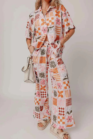 Printed Collared Neck Shirt and Wide Leg Pants Set - By Baano