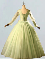 Green v neck prom dress ball gown lace applique party prom dress pleated beaded floor length wedding gown long sleeve evening dress