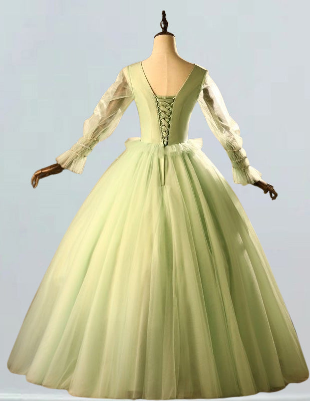 Green v neck prom dress ball gown lace applique party prom dress pleated beaded floor length wedding gown long sleeve evening dress