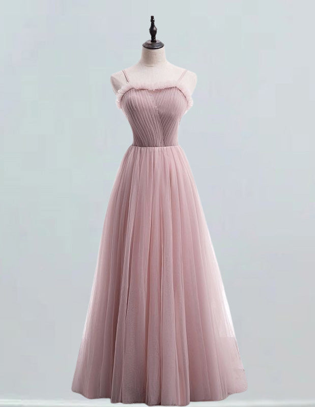 Pink Tulle Spaghetti Strap Evening Gown | Girls' Prom & Bridesmaid Dress