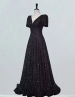 Women's Velvet Sequined V-Neck Prom Dress | Elegant Evening Gown with Sleeves