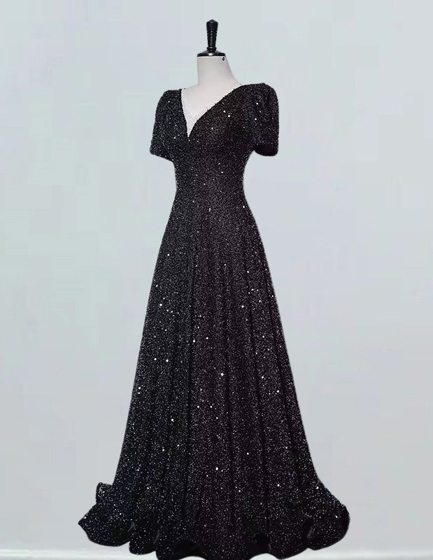 Women's Velvet Sequined V-Neck Prom Dress | Elegant Evening Gown with Sleeves