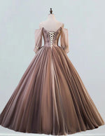 Coffee spaghetti strap tulle prom dress ball gown v neck lace applique beaded long wedding dress gown
