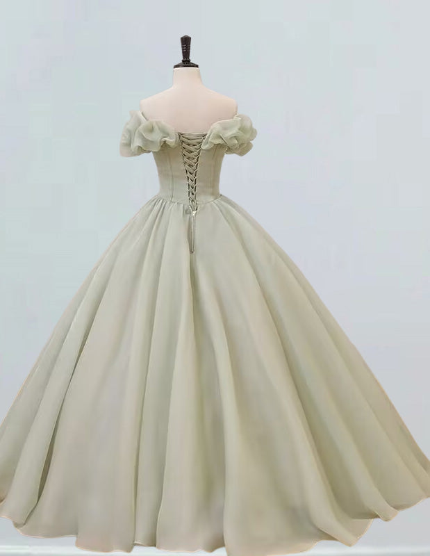 Mint green off the shoulder ruffle beaded prom dress ball gown long evening party dress