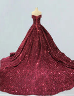 Burgundy Velvet Off-Shoulder Sequined Prom Dress with Long Train