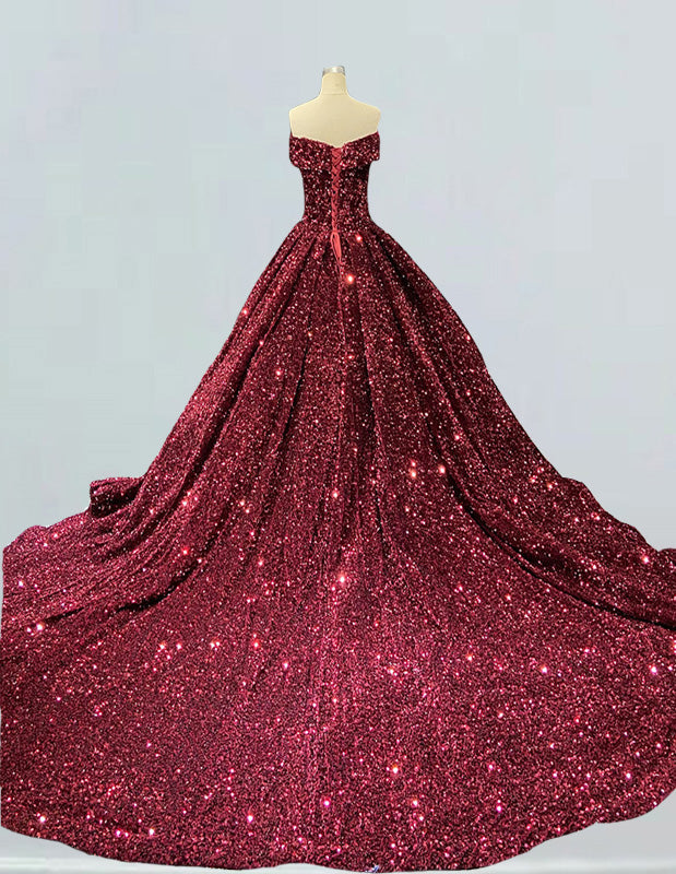 Burgundy Velvet Off-Shoulder Sequined Prom Dress with Long Train