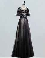 Women's Black Lace Applique Tulle Prom Dress | Boat Neck Evening Gown