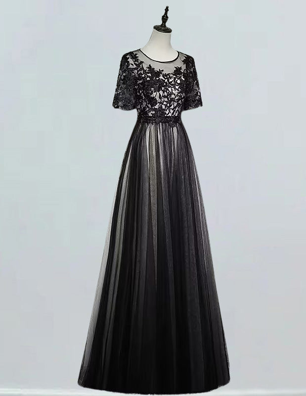 Women's Black Lace Applique Tulle Prom Dress | Boat Neck Evening Gown