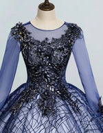 Navy blue long sleeve prom dress ball gown lace applique long fluffy tulle wedding gown bridal dress