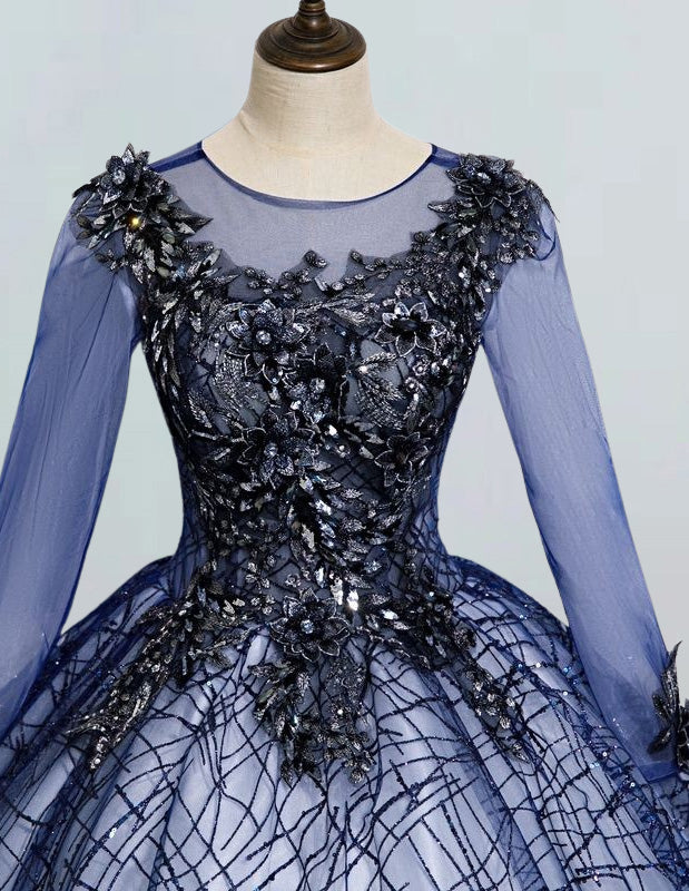 Navy blue long sleeve prom dress ball gown lace applique long fluffy tulle wedding gown bridal dress