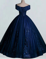 Dark navy off the shoulder lace applique beading sequin ball gown prom dress plus size women party gown
