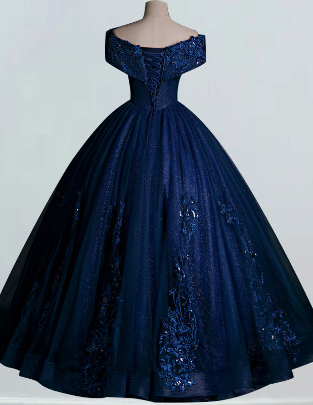 Dark navy off the shoulder lace applique beading sequin ball gown prom dress plus size women party gown