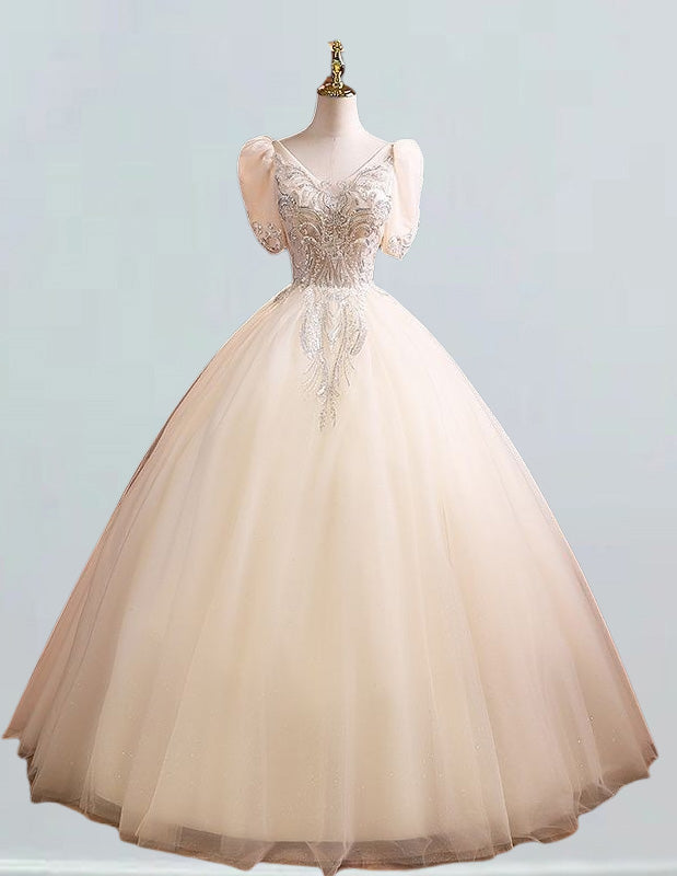 Girls' Elegant Beaded Lace V-Neck Quinceanera Dress | Tulle Ball Gown Evening Wear