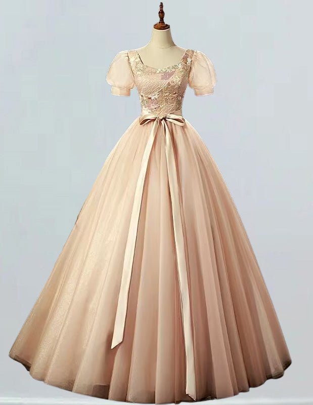 Women's Pink Lace Prom Dress | Floor-Length, Square Neck, Elegant Evening Gown