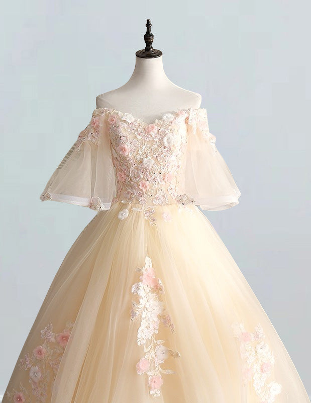 Women's Off-Shoulder Lace Applique Tulle Gown | Elegant Prom & Bridal Dress