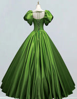 Green square neck pleated beaded crystal long satin prom dress ball gown evening party gown