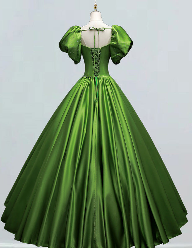 Green square neck pleated beaded crystal long satin prom dress ball gown evening party gown