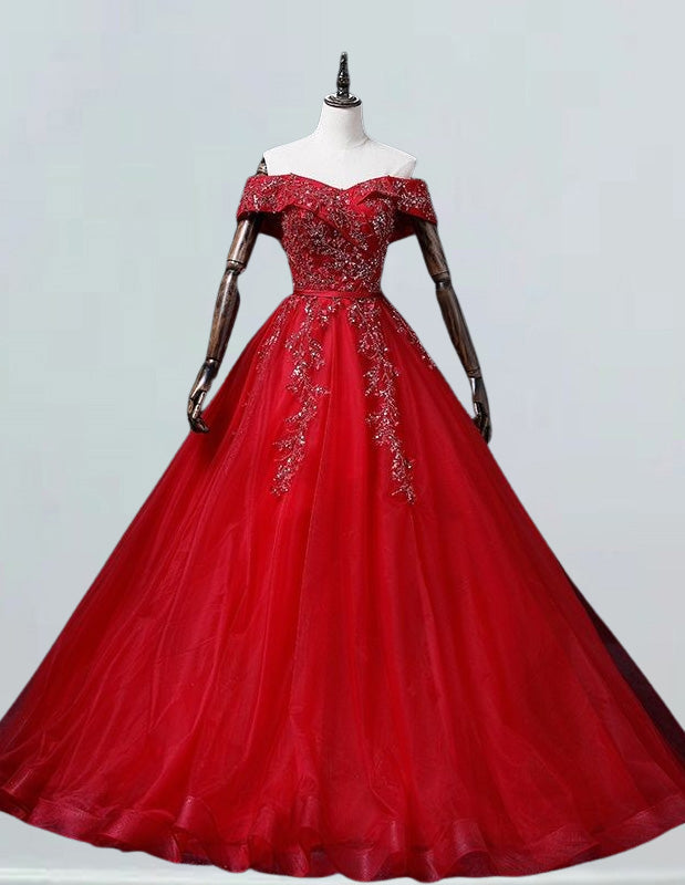 Red off the shoulder beaded lace applique rhineston tulle prom dress ball gown long wedding dress gown