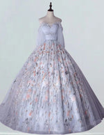 Grey Off-Shoulder Beaded Prom Gown with Sleeves | Elegant Evening Dress