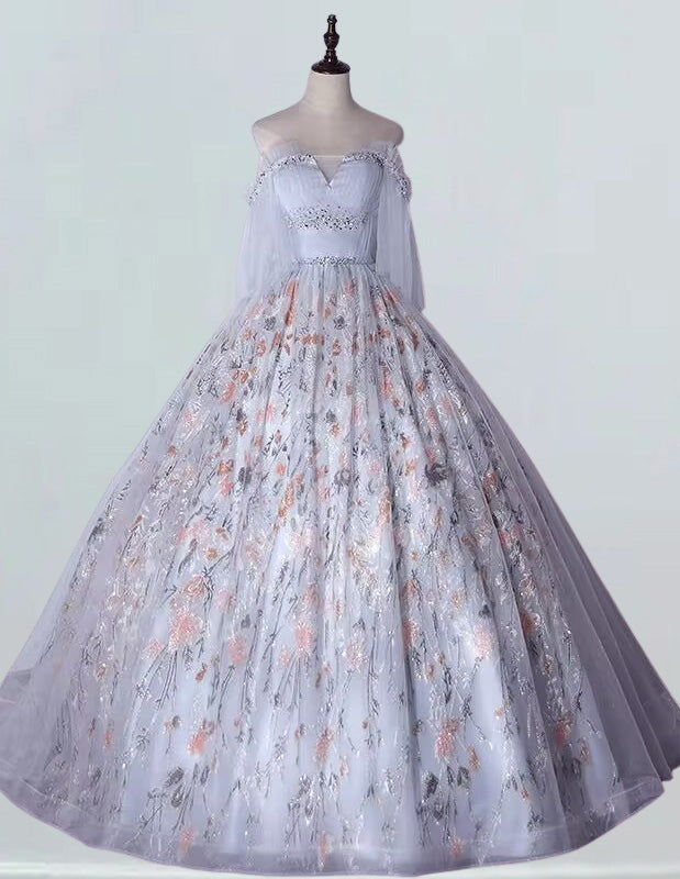 Grey Off-Shoulder Beaded Prom Gown with Sleeves | Elegant Evening Dress