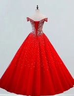 Red off the shoulder beaded rhinestone ball gown prom dress sparkle fluffy tulle wedding gown bridal dress