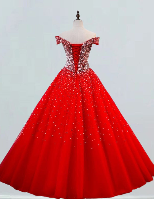 Red off the shoulder beaded rhinestone ball gown prom dress sparkle fluffy tulle wedding gown bridal dress