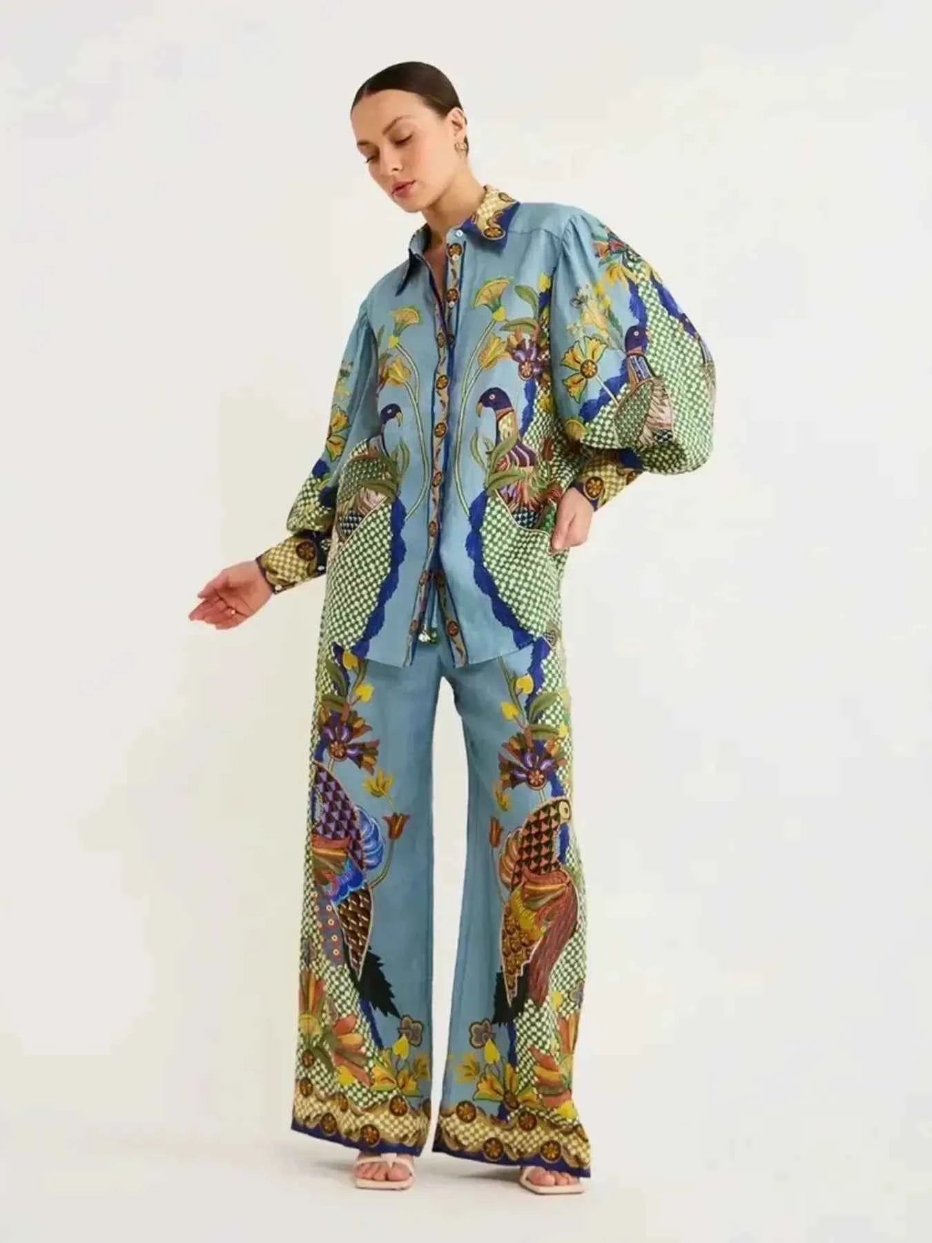 Printed Button Up Shirt and Pants Set