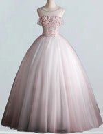 Women's Pink Tulle Ball Gown Bridal Dress with Beading & Sequins - Scoop Neck, Long Sleeve