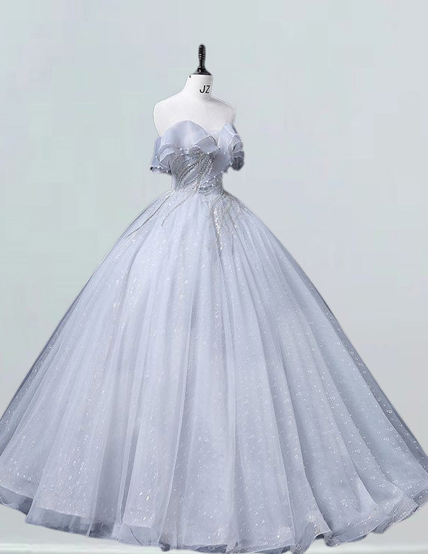 Silver off the shoulder long prom dress ball gown beaded lace fluffy princess party dress long wedding dress