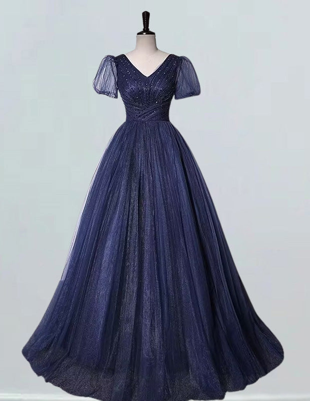 Navy blue beaded evening dress gown pleated long ball gown floor length party dress gown