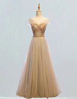 Gold Beaded Off-Shoulder Prom Gown | Women's Elegant Evening Ball Dress