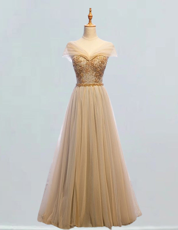 Gold Beaded Off-Shoulder Prom Gown | Women's Elegant Evening Ball Dress