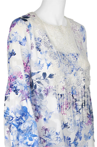 T Tahari Crew Neck Bishop Sleeve Pleated Lace Multi Print Paisley Top - By Baano