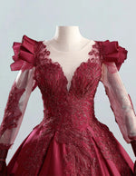 Burgundy lace applique satin ball gown,Long sleeve beaded prom dress,Pluse size wedding dress gown,Long party dress for women