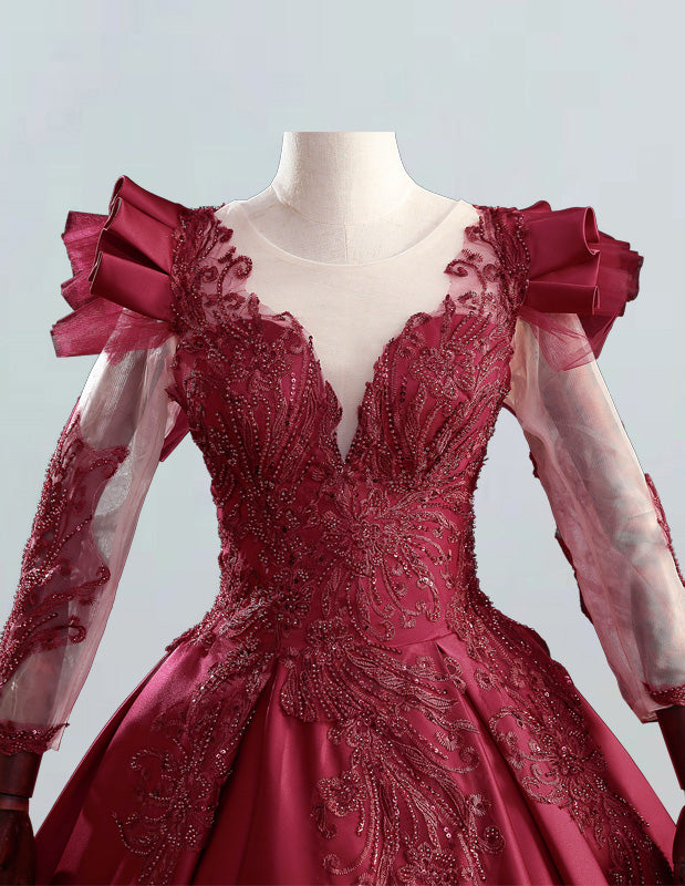 Burgundy lace applique satin ball gown,Long sleeve beaded prom dress,Pluse size wedding dress gown,Long party dress for women