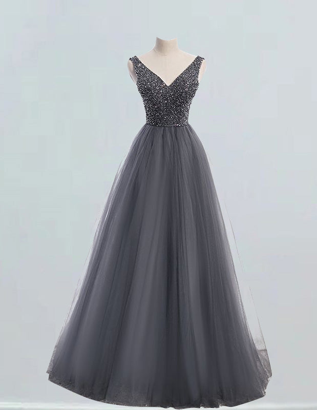 Women's Elegant V-Neck Tulle Prom Dress | Rhinestone Beaded Ball Gown