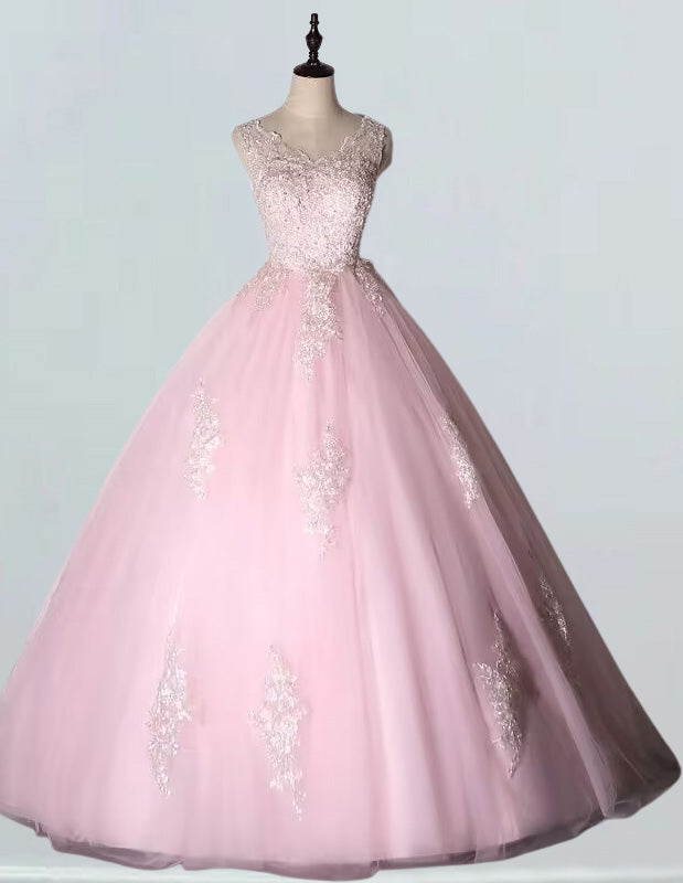 Pink V-Neck Beaded Lace Ball Gown | Elegant Prom & Evening Dress