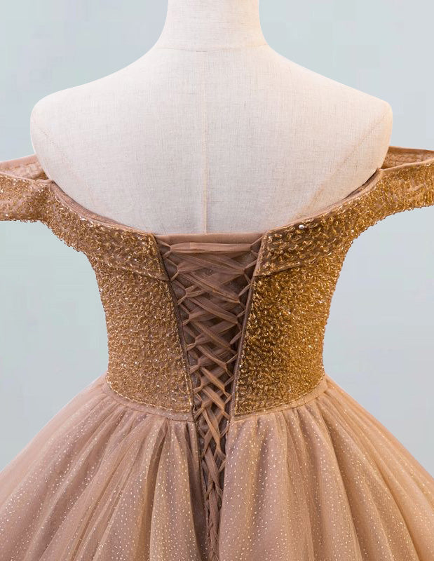 Coffee gold off the shoulder beaded fluffy tulle ball gown prom dress evening party formal dress