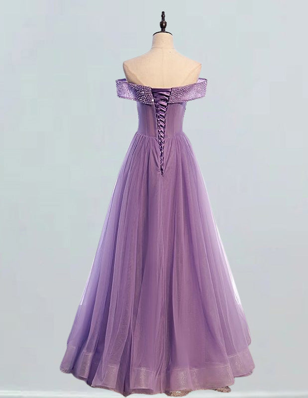 Lilac off the shoulder beading long tulle ball gown quinceanera dress