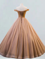 Coffee gold off the shoulder beaded fluffy tulle ball gown prom dress evening party formal dress