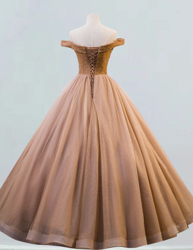 Coffee gold off the shoulder beaded fluffy tulle ball gown prom dress evening party formal dress