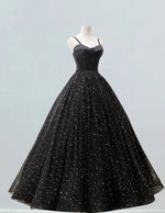 Women's Elegant Black Tulle Lace Ball Gown | Spaghetti Strap Evening Dress